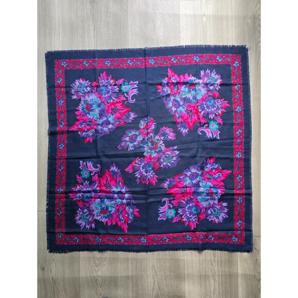 Vintage Floral Print Cotton Square Scarf With Fringed Edges 30" - Picture 1 of 4